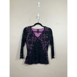 VTG Womens Lace V-Neck Shirt S Black Pink 90s Whimsigoth Goth Fairy Grunge Party